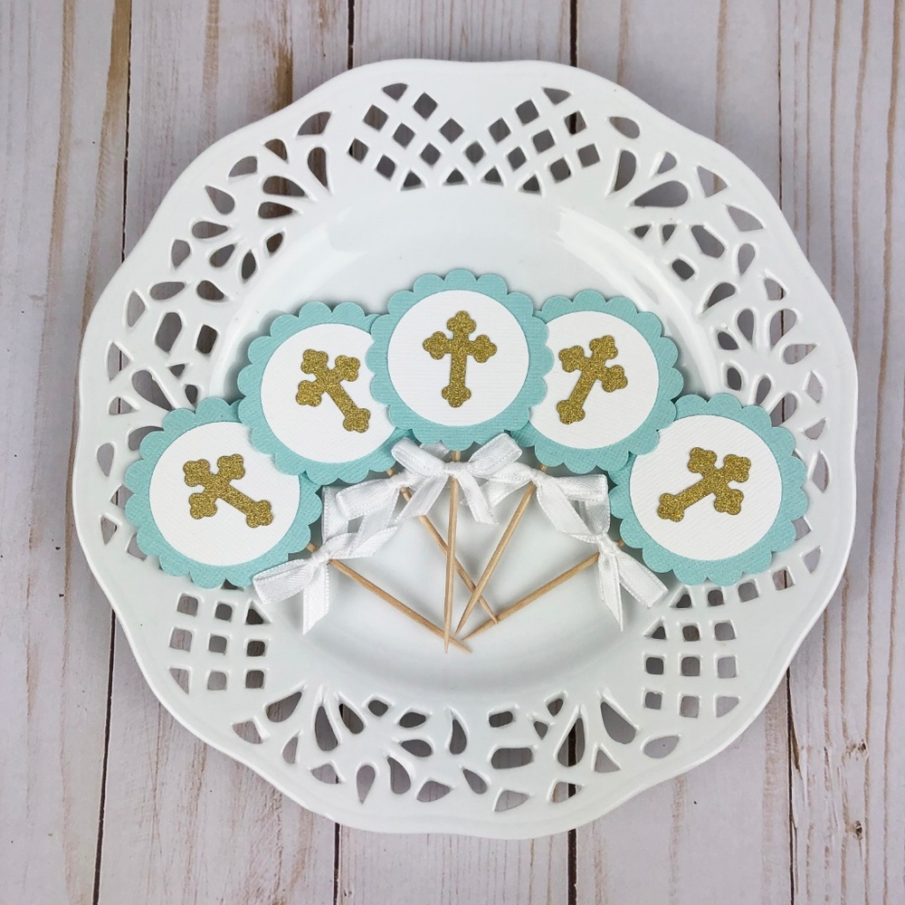 Baptism Boy Blue Gold Cross Cupcake Toppers 12 ct